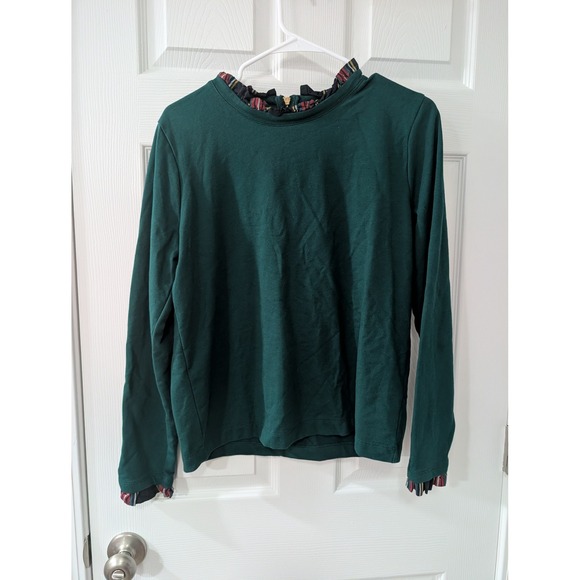 J. Crew Factory Tops - J. Crew, Wmns M Tartan Ruffle-Collar Pullover Blouse, Green, Crew Neck, Holiday